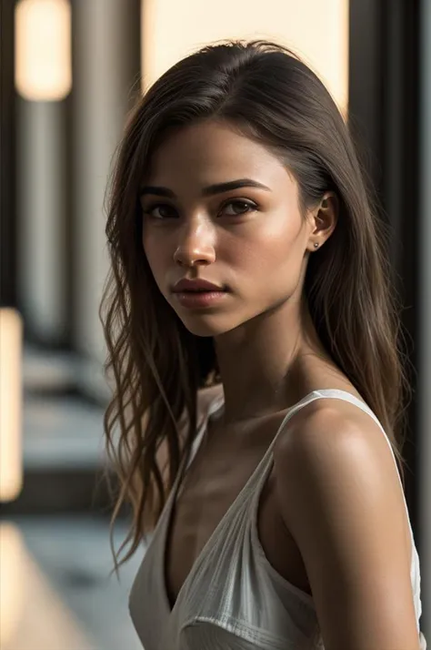 a close up of a woman in a white dress posing for a picture