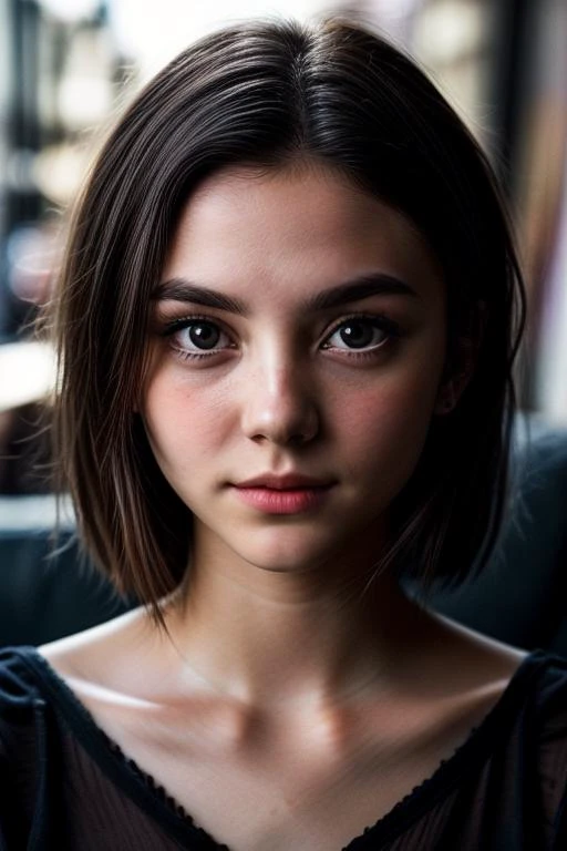 a close up of a woman with a black top and a black shirt