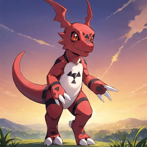 masterpiece, best quality, 1Guilmon, digimon, <lora:Guilmon_SDXL_Lora_V3-000006:0.7>, outoors fantasy background, full,
