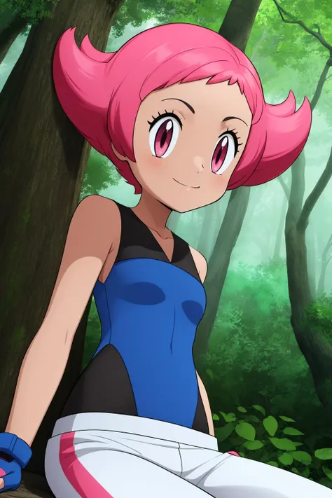 pkmnmaylene, 1girl, solo, pink eyes, pink hair, short hair, bangs,
blue leotard, white pants, track pants, fingerless gloves, blue gloves,
smile,closed mouth,cowboy shot, sitting,
forest,outdoor,
(insanely detailed, beautiful detailed face, masterpiece, best quality) cinematic lighting,<lora:PKMN_Maylene_v3:1>, <lora:more_details:0.3>,