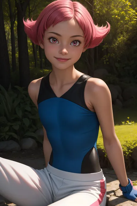 pkmnmaylene, 1girl, solo, pink eyes, pink hair, short hair, bangs,
blue leotard, white pants, track pants, fingerless gloves, blue gloves,
smile,closed mouth,cowboy shot, sitting,
forest,outdoor,
(insanely detailed, beautiful detailed face, masterpiece, best quality) cinematic lighting,<lora:PKMN_Maylene_v3:1>, <lora:more_details:0.3>,