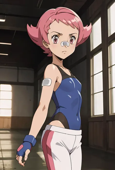 (masterpiece, best quality), 1girl, <lora:PKMN_Maylene_v1:0.8> pkmnmaylene, 1girl, solo, pink eyes, pink hair, short hair, bangs,, bandaid on nose,, blue leotard, white pants, track pants, fingerless gloves, blue gloves,