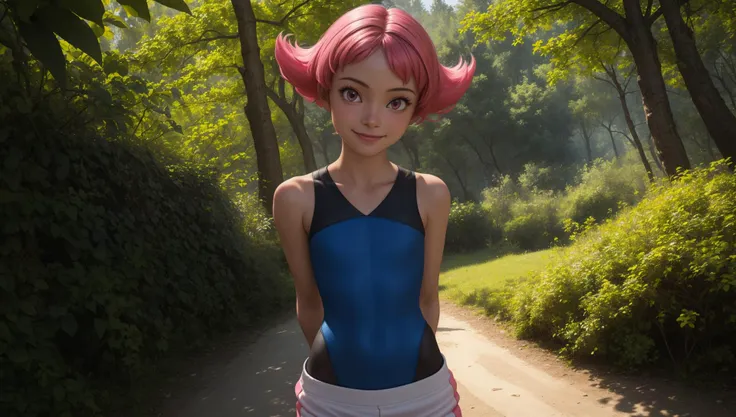 pkmnmaylene, 1girl, solo, pink eyes, pink hair, short hair, bangs,
blue leotard, white pants, track pants, fingerless gloves, blue gloves,
smile,closed mouth,standing, hands behind back,
forest,outdoor,
(insanely detailed, beautiful detailed face, masterpiece, best quality) cinematic lighting,<lora:PKMN_Maylene_v3:1>, <lora:more_details:0.3>,