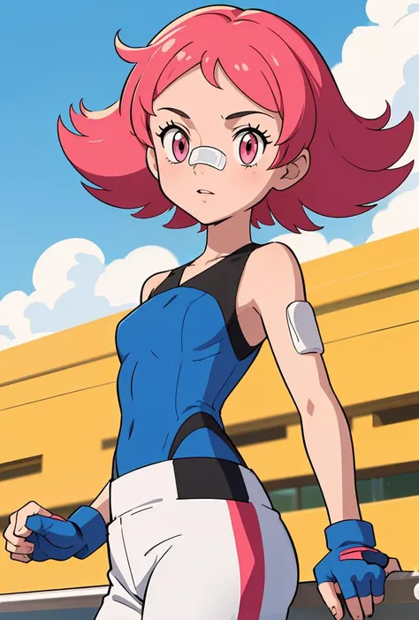(masterpiece, best quality), 1girl,   <lora:PKMN_Maylene_v1:0.8> pkmnmaylene, 1girl, solo, pink eyes, pink hair, short hair, bangs,, bandaid on nose,, blue leotard, white pants, track pants, fingerless gloves, blue gloves,