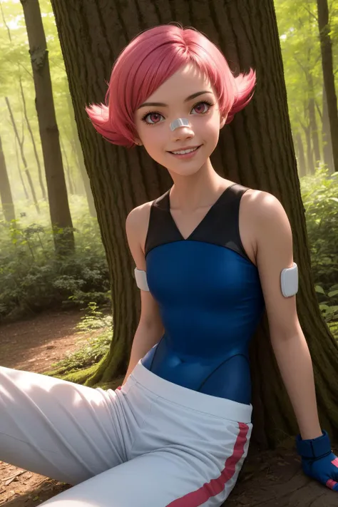 pkmnmaylene, 1girl, solo, pink eyes, pink hair, short hair, bangs, bandaid on nose,
blue leotard, white pants, track pants, fingerless gloves, blue gloves,
smile,closed mouth,cowboy shot,sitting,
forest,outdoor,
(insanely detailed, beautiful detailed face, masterpiece, best quality) cinematic lighting,<lora:PKMN_Maylene_v1:1>, <lora:more_details:0.3>,