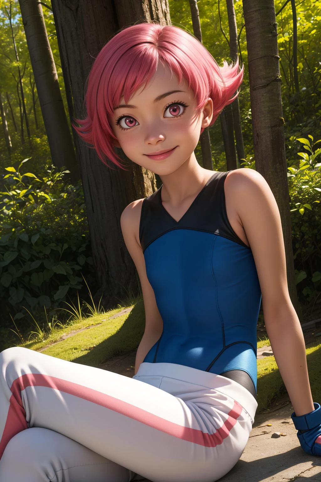 pkmnmaylene, 1girl, solo, pink eyes, pink hair, short hair, bangs,
blue leotard, white pants, track pants, fingerless gloves, blue gloves,
smile,closed mouth,cowboy shot,sitting,
forest,outdoor,
(insanely detailed, beautiful detailed face, masterpiece, best quality) cinematic lighting,<lora:PKMN_Maylene_v1:1>, <lora:more_details:0.3>,