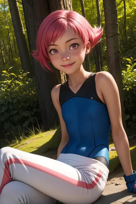 pkmnmaylene, 1girl, solo, pink eyes, pink hair, short hair, bangs, 
blue leotard, white pants, track pants, fingerless gloves, blue gloves, 
smile,closed mouth,cowboy shot,sitting,
forest,outdoor,
(insanely detailed, beautiful detailed face, masterpiece, best quality) cinematic lighting,<lora:PKMN_Maylene_v1:1>, <lora:more_details:0.3>,