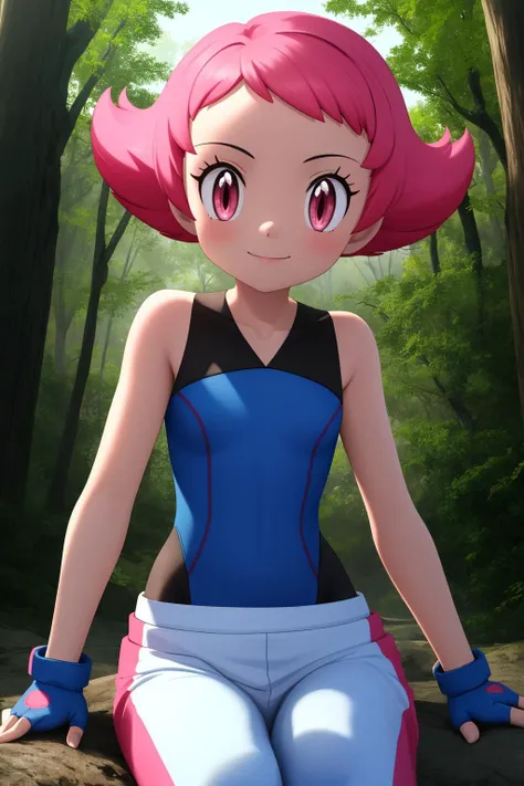 pkmnmaylene, 1girl, solo, pink eyes, pink hair, short hair, bangs,
blue leotard, white pants, track pants, fingerless gloves, blue gloves,
smile,closed mouth,cowboy shot,sitting,
forest,outdoor,
(insanely detailed, beautiful detailed face, masterpiece, best quality) cinematic lighting,<lora:PKMN_Maylene_v1:1>, <lora:more_details:0.3>,