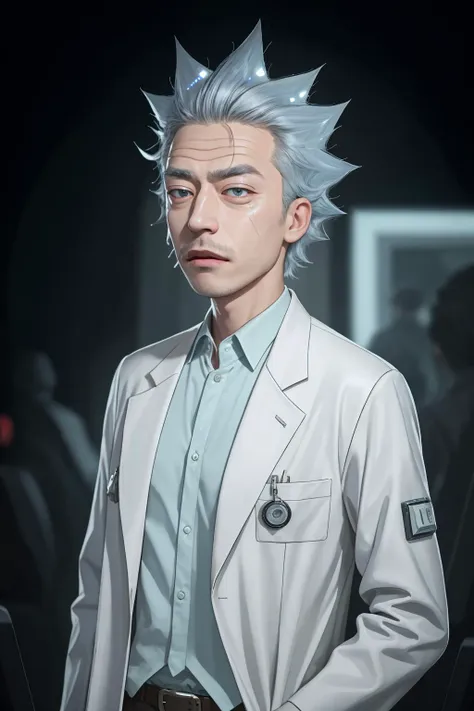 a photo of a man, 
<lora:rick_and_morty_characters:0.4> rick, rick_sanchez, closeup, white labcoat, 
<lora:CyberpunkStyleV1:0.85> PunkAI, shiny, shiny hair, shiny skin, shiny clothes, masterpiece, extreme details, detailed, focus, masterpiece, realistic, photorealistic, 4k, 8k, 16k, highres