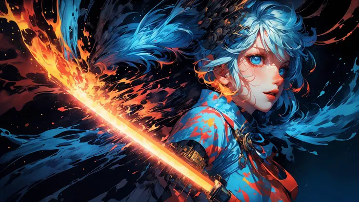 (Photo:1.3) of (Screen print:1.5) Saber 1girl, In hand huge flame great sword white blue dress Blue cape Blue bow gorgeous armor platinum blonde hair A shot with tension (sky glows red,Visual impact,giving the poster a dynamic and visually striking appearance:1.2), <lora:~Q?-Saber:0.8> <lora:more_details:0.4> <lora:3DMM_V11:0.5> 3DMM <lora:CyberpunkStyleV1:0.2> PunkAI,Highly Detailed,(Kodak Ektar:1.3), shiny, shiny hair, shiny skin, shiny clothes