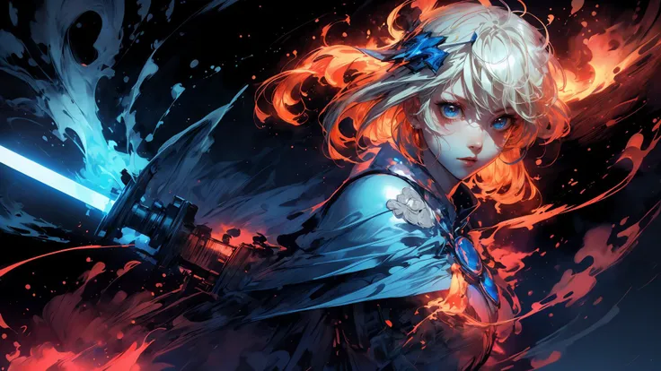 (Photo:1.3) of (Sketched:1.5) Saber 1girl, In hand huge flame great sword white blue dress Blue cape Blue bow gorgeous armor platinum blonde hair A shot with tension (sky glows red,Visual impact,giving the poster a dynamic and visually striking appearance:1.2), <lora:~Q?-Saber:0.8> <lora:more_details:0.4> <lora:3DMM_V11:0.5> 3DMM <lora:CyberpunkStyleV1:0.2> PunkAI,Highly Detailed,(Mono Color:1.3), shiny, shiny hair, shiny skin, shiny clothes