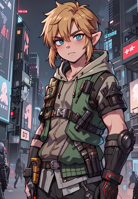 Link from The Legend of Zelda standing in a futuristic city, cyber punk style, tactical hoodie, bullet proof vest, 
1boy, male, solo, male focus, PunkAI,
 <lora:CyberpunkStyleV1:0.8>,  <lora:epTactical1:0.5>,, High Definition, <High resolution:1>, Good artist, Best quality, Better Quality, ((Master Quality))