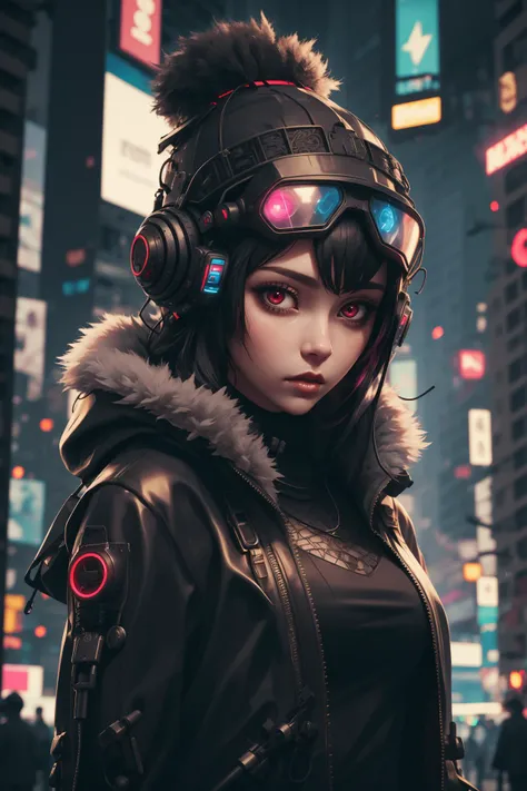 1girl, closeup bust, highly detailed costume, cyberpunk, cyberpunk night city, intricate, sharp focus, detailed background, PunkAI, winter, black hair, red eyes <lora:CyberpunkStyleV1:0.5> <lora:deep:0.4>