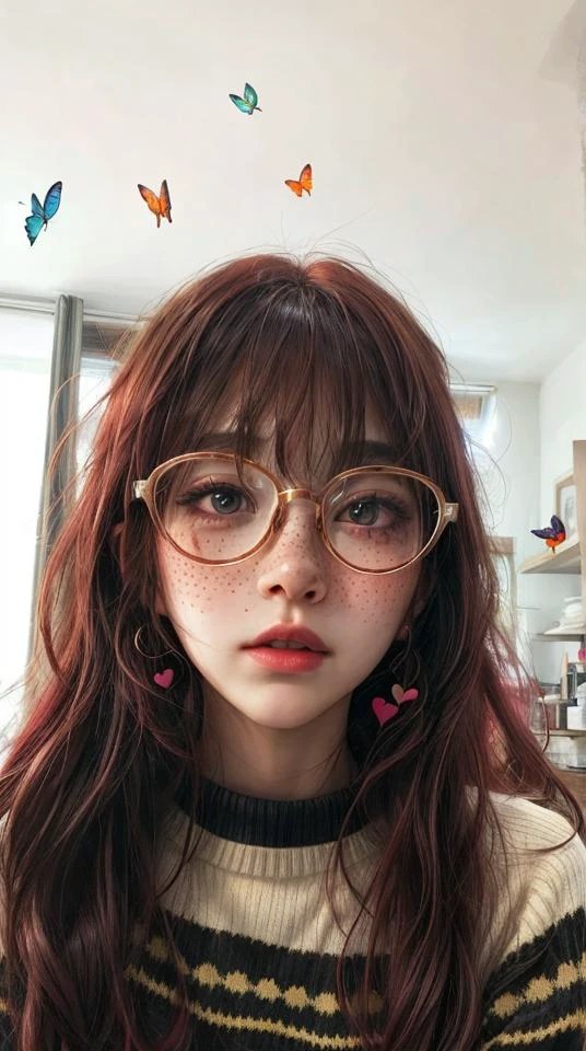 a girl with reg glasses and long red hair,
butterflies, freckles, hearts, sweater, indoors,
<lora:CyberpunkStyleV1:0.6> PunkAI,
<lora:more_details:0.8>