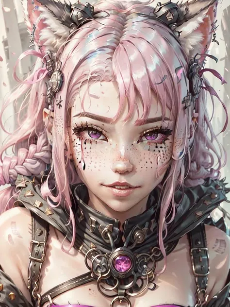 <lora:DI_belle_delphine_v1:1> pink hair,
long hair, cat ears, closeup face, freckles, pink eyes,
<lora:CyberpunkStyleV1:1> PunkAI,