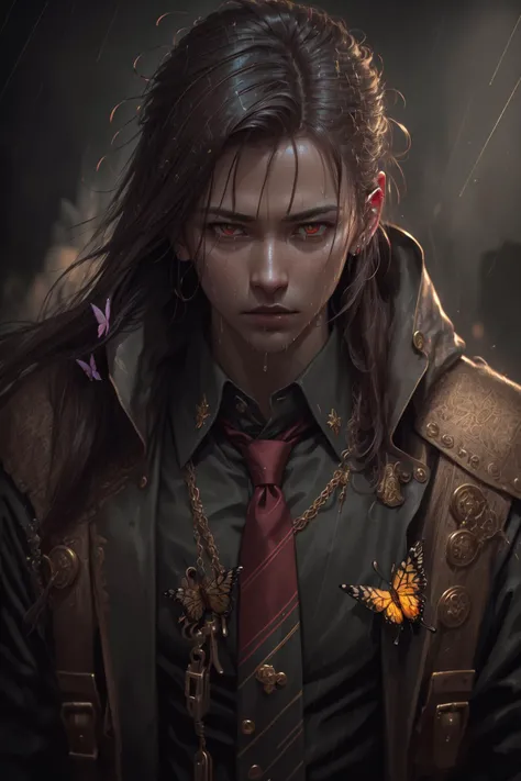 (((rain))), red eyes, long hair, shirt, tie, straps, ((butterfly)), solo, 1boy, brown hair, closeup, (shiny, shiny hair, intricate details, detailed), masterpiece, (extreme details, realistic, 4k, 8k, absurdres, high res, cinematic, lighting, high quality:1.2), gold, flower on hair, glow, 
<lora:CyberpunkStyleV1:.9> PunkAI