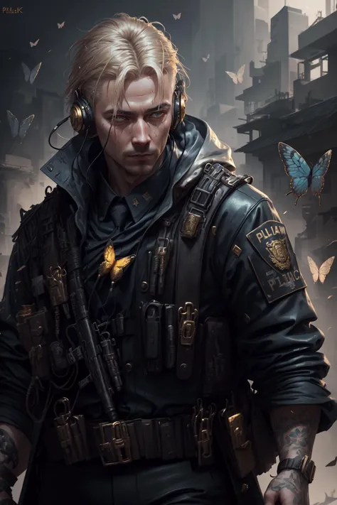((policeman)), red eyes, headphones, shirt, tie, straps, long coat, ((butterfly)), solo, 1boy, gold hair, closeup, (shiny, shiny hair, intricate details, detailed), masterpiece, (extreme details, realistic, 4k, 8k, absurdres, high res, cinematic, lighting, high quality:1.2), gold, flower on hair, glow,
<lora:CyberpunkStyleV1:.9> PunkAI