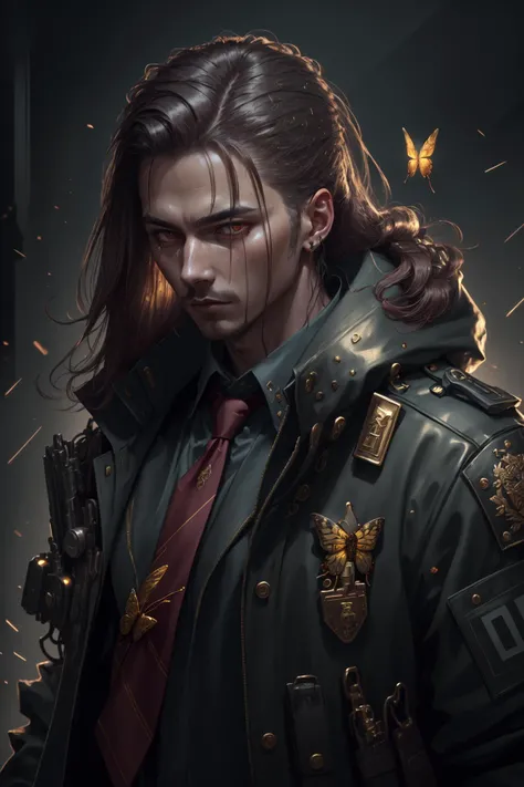 ((policeman)), red eyes, long hair, shirt, tie, straps, long coat, ((butterfly)), solo, 1boy, brown hair, closeup, (shiny, shiny hair, intricate details, detailed), masterpiece, (extreme details, realistic, 4k, 8k, absurdres, high res, cinematic, lighting, high quality:1.2), gold, flower on hair, glow, 
<lora:CyberpunkStyleV1:.9> PunkAI