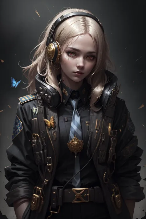 ((policewoman)), red eyes, headphones, shirt, tie, straps, long coat, ((butterfly)), solo, 1girl, gold hair, closeup, (shiny, shiny hair, intricate details, detailed), masterpiece, (extreme details, realistic, 4k, 8k, absurdres, high res, cinematic, lighting, high quality:1.2), gold, flower on hair, glow,
<lora:CyberpunkStyleV1:.9> PunkAI