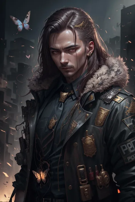 ((policeman)), red eyes, long hair, shirt, tie, straps, ((butterfly)), solo, 1boy, brown hair, closeup, (shiny, shiny hair, intricate details, detailed), masterpiece, (extreme details, realistic, 4k, 8k, absurdres, high res, cinematic, lighting, high quality:1.2), gold, flower on hair, glow,
<lora:CyberpunkStyleV1:.9> PunkAI