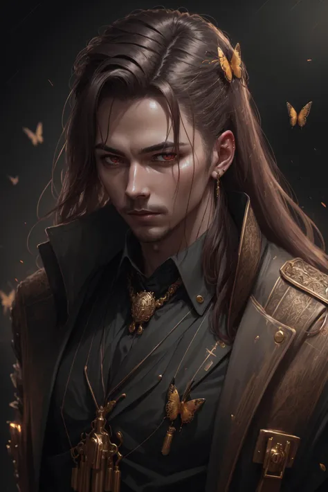 red eyes, long hair, shirt, tie, straps, ((butterfly)), solo, 1boy, brown hair, closeup, (shiny, shiny hair, intricate details, detailed), masterpiece, (extreme details, realistic, 4k, 8k, absurdres, high res, cinematic, lighting, high quality:1.2), gold, flower on hair, glow,
<lora:CyberpunkStyleV1:.9> PunkAI