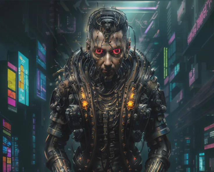 ((((Best Quality))) ((Masterpiece)), (Detailed), Ultra-HD, ([A man with long dreads : Cyborg Robot:30]:1.2), PunkAI, Studio Lighting, Full-HD, Best Quality, cyberpunk style, colorful, (neon lights:1.1), <lora:CyberpunkStyleV3:1.2>, <lora:epi_noiseoffset2:1.8>,  <lora:add_detail:1.5>