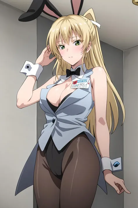(masterpiece, best quality:1.2), intricate details, <lyco:GoodHands-beta2:1>, <lora:Ortinet_AiriV2-000010:1>, airi altinate, 1girl, leotard under clothes, vest, wrist cuffs, cleavage, hair ribbon, rabbit ears, pantyhose, blonde hair
