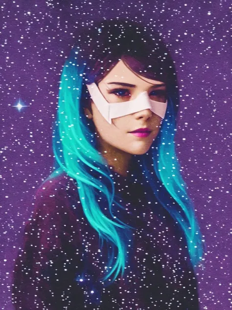 SoftSorrowStyle, 1girl, solo, long hair, black hair, closed mouth, blue hair, upper body, male focus, sky, mask, night, portrait, night sky, starry sky, space, animification, galaxy <lora:SoftSorrowStyle:0.7>
