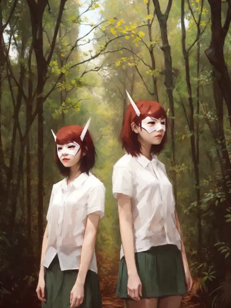 SoftSorrowStyle, 2girls, short hair, skirt, shirt, red hair, standing, white shirt, short sleeves, outdoors, multiple girls, tree, mask <lora:SoftSorrowStyle:0.7>