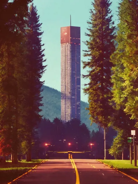 SoftSorrowStyle, SoftSorrowStyle, outdoors, sky, artist name, tree, no humans, night, ground vehicle, building, nature, scenery, motor vehicle, forest, science fiction, city, car, road, lamppost, skyscraper ,silhouette <lora:SoftSorrowStyle:0.8>