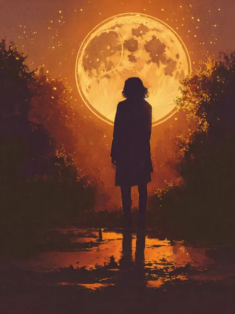 A woman standing in the middle of a river with a full moon in the ...