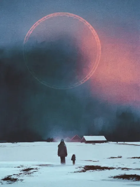 SoftSorrowStyle,end of the world, epic realistic, muted colors, apocalypse, freezing, abandoned, neutral colors, night, screen space refractions, artstation, cinematic shot, vignette, complex background, buildings, snowy, silhouette, glitch<lora:SoftSorrowStyle:0.7>
