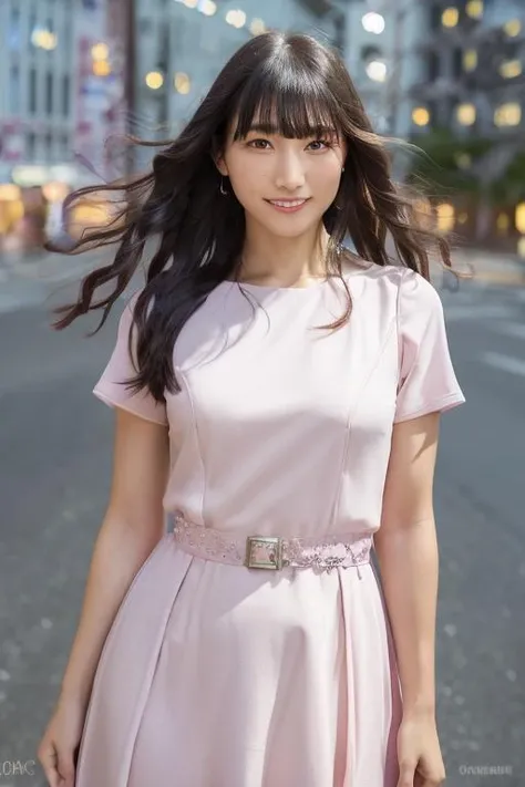 1girl, (wearing a pink evening dress:1.2),(RAW photo, best quality), (realistic, photo-realistic:1.4), masterpiece, an extremely delicate and beautiful, extremely detailed, 2k wallpaper, Amazing, finely detail, extremely detailed CG unity 8k wallpaper, ultra-detailed, highres, soft light, beautiful detailed girl, extremely detailed eyes and face, beautiful detailed nose, beautiful detailed eyes,cinematic lighting,(in the city at night:2.0),(night city view:1.6),perfect anatomy,(slender body:2.0),(laughing:1.4),(close up:2.2),(open eyes:1.8),(look at viewer),(front view),(young japanese girl:1.8),cinematic angle,(wavy long hair), (brown eyes:1.8),(standing:2.0), (cleavage:1.4), <lora:kanisawamoeko_lora-01:0.8>