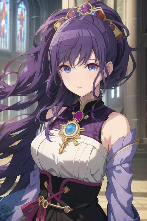 <lora:AsahinaMafuyu:0.62>, amafuyu, 1girl, solo, breasts, long hair, shiny hair, purple hair, (detailed) blue eyes, eyeshadow, looking at viewer, upper body, cheerful, high ponytail, sekai, in the church, in the castle, a famous model, fashion, jewels, stained glass