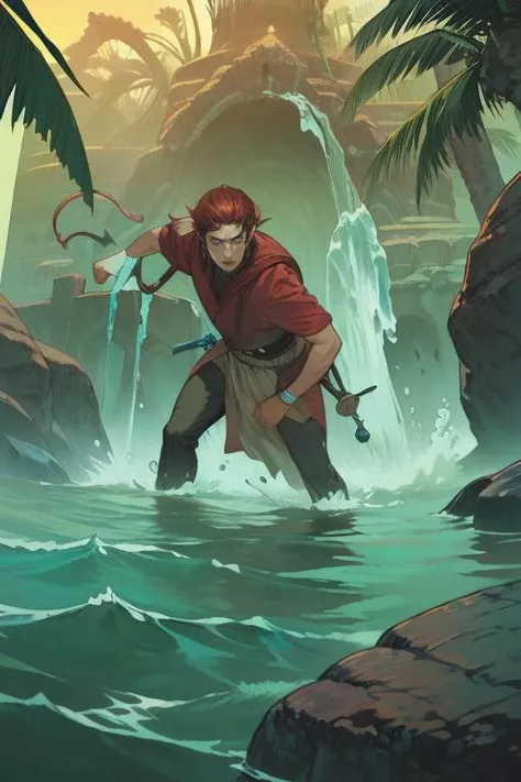 Action scene, dynamic pose, firm stance, combat stance,
Focus on (middle earth, Alchemist Mixing together volatile chemicals to create powerful explosives, Virtuoso, Short, Athletic, Square Face, Fair Skin, Red Hair, coral Eyes, Wide Nose, Pouty Lips, Prominent Chin, Full Beard, Buzz Cut, Dreadlocks, A desert oasis, with shimmering pools of crystal-clear water and palm trees swaying in the breeze, Tolkien) fighting (Mind Flayer),
In a mystical cavern beneath the sea, where time and space behave unpredictably,