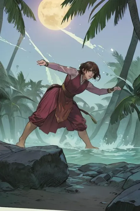 Action scene, dynamic pose, firm stance, combat stance,
Focus on (Monk Focusing their mind and body to unleash a flurry of devastating blows with fists and feet, Maverick, Average Height, Lean, Round Face, Dark Skin, Chestnut Hair, ruby Eyes, Short Nose, Thick Lips, Round Chin, Extended Goatee, Shoulder-length, Wavy, A desert oasis, with shimmering pools of crystal-clear water and palm trees swaying in the breeze) fighting (Vampire),
In a tranquil glade where time stands still and fairies dance in the moonlight,