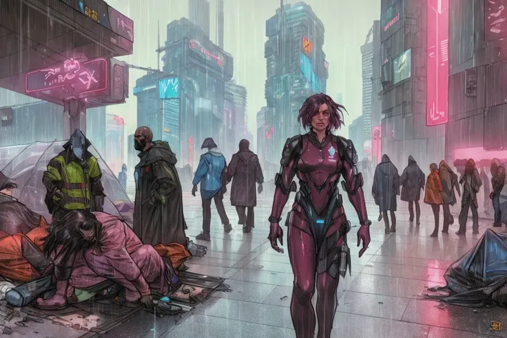 A neon oppressive cyberpunk sprawl, scenery, skyscrapers, raining, homeless people, science fiction