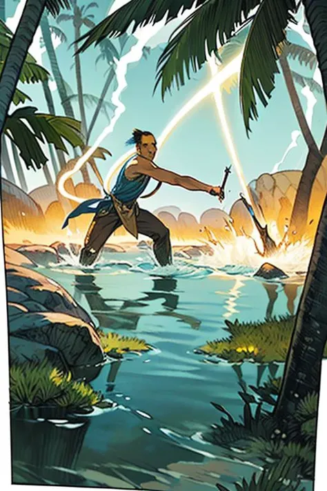 Action scene, dynamic pose, firm stance, combat stance,
Focus on (Sorcerer casting bolts of lightning from their fingertips, Don, Short, Solid, Oval Face, Tan Skin, Brown Hair, Blue Eyes with Green Flecks, Narrow Nose, Thick Lips, Sharp Chin, Stubble, Very Long, Mohawk, A desert oasis, with shimmering pools of crystal-clear water and palm trees swaying in the breeze) fighting (Skeleton),
In a mystical swamp, where will-o'-the-wisps lead travelers astray,