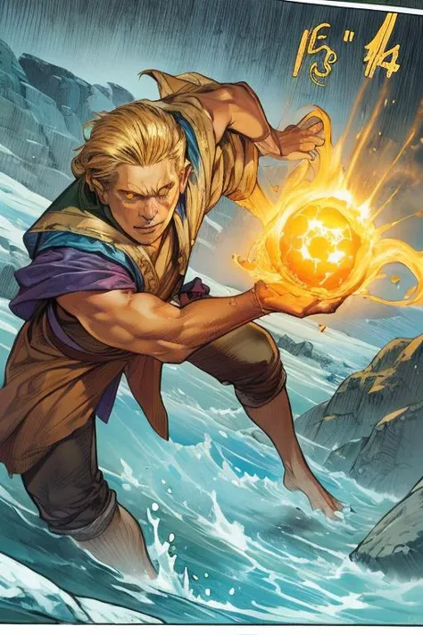 Action scene, dynamic pose, firm stance, combat stance, 
Focus on (middle earth, Monk Focusing their mind and body to unleash a flurry of devastating blows with fists and feet, Legend, Short, Ripped, Round Face, Olive Skin, Golden Blonde Hair, yellow Eyes, [[Curved Nose]], Full Lips, Sharp Chin, Old Dutch, Medium, Side Part, A frozen tundra, with icy peaks and frozen lakes stretching as far as the eye can see, Tolkien) fighting (Skeleton),
In a bustling market in a city floating on water, with merchants selling magical artifacts,