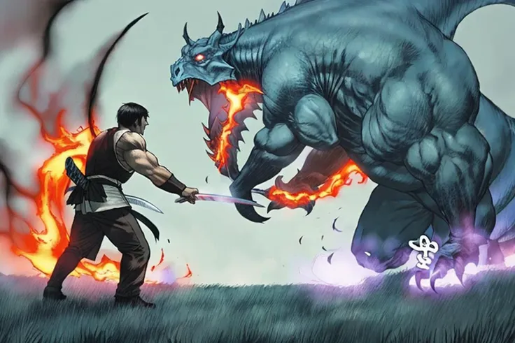 Climactic scene, a samurai with his katana standing in a field facing a distant giant dragon creature with a demonic face, glowing eyes, two outstretched wings, scaled muscular arms sharp claws, ready to start fight, intense scene, fire and air flows, 8k ultrafine detail, attack on titan style, masterpiece, cinematic,(size difference),