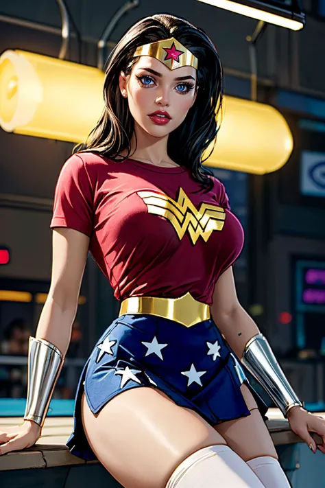 (ultra realistic,32k, masterpiece:1.2),(high detailed skin:1.1),( high quality:1.1),
<lora:Wonder_woman_Justiceleague-v1:0.6>w0nd3rw0m4n,wonder woman outfit, shirt, short sleeves, ruffle skirt, thigh highs, blurry background,,,(looking at viewer, sitting, from below:1.1),, (huge breast,large breast:1.1),<lora:add_detail:0.77>,
(neon pastel light:1.1),