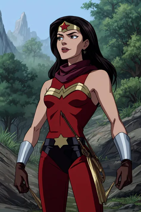 <lora:add_detail:1> , <lora:GoodHands-beta2:1> <lora:Wonder_woman_Justiceleague-v1:0.7> w0nd3rw0m4n, wonder woman outfit,  solo, (full body:0.6), looking up, detailed background, detailed face, (<lyco:SteamPunkBundleV3:0.4>, cogpunkai, cogpunk theme:1.1), trapper, hunter, smirk, brown  leather clothing, belt,  gloves, rugged,  scarf,    lure, traps,  hunting knife, pelts,  campsite background,  underbrush, fantasy frontier cinematic atmosphere,