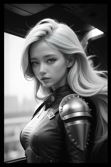 1girl,long hair,leavage,armor, photograph, Iphone X, Female Pilot, she has Platinum hair styled as Spiky, broad lighting, Fujifilm Neopan 100, Depth of field 270mm, deep rich colors, excellent composition, intense, great light, dynamic dramatic atmosphere