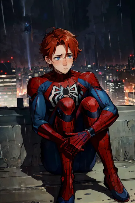 close-up, (looking down), (boy), male, (very short scruffy-sweaty ginger hair), blue eyes, ((full spiderman suit)), no mask, (raining), (sad, down), (hugging own legs), night, edge of high rooftop, large city skyline, shooting stars, best quality, <lora:hugging_own_legs_v0.3:1.5>,