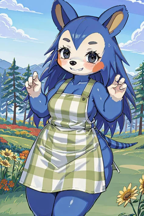 (masterpiece, best quality, highres, ultra detailed:1.2), (solo, 1girl, furry female, cowboy shot), mabel_(ac), blue fur, blush stickers, eyebrows, striped tail, black eyes, plaid apron, snout, hedgehog girl, chubby, grin, (dynamic pose, meadow, wildflowers, detailed background:1.1)