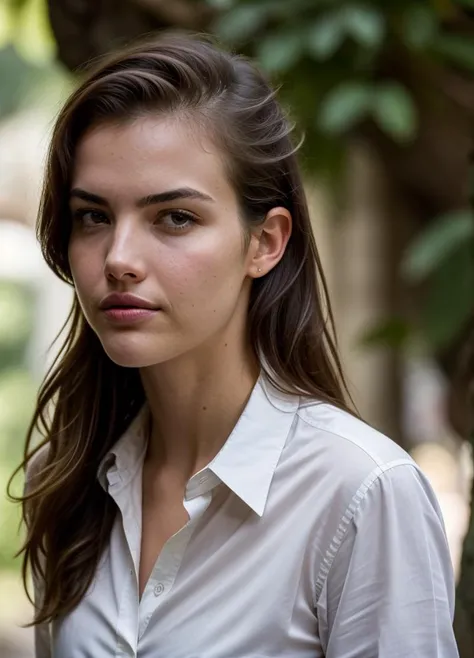 A stunning intricate color close up portrait of (alexandrabotez-ti:1) , wearing Button-down shirt and chinos, epic character composition, sharp focus, natural lighting, subsurface scattering, f2, 35mm, film grain, , by Henri Cartier-Bresson