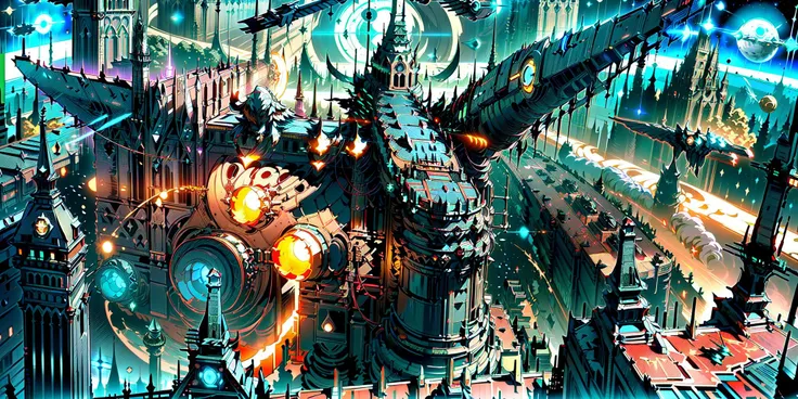 (long-range perspective, from above, gohtic, gothic architecture, angle monument, imperial eagle ornment, spaceship, circle formation, orbital shipyard, grim, dark, space,cannon tower:1.5)
<lora:spaceship:1>