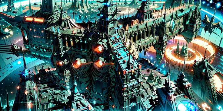 (long-range perspective, from above, gohtic, gothic architecture, angle monument, imperial eagle ornment, spaceship, circle formation, orbital shipyard, grim, dark, space,cannon tower:1.5)
<lora:spaceship:1>