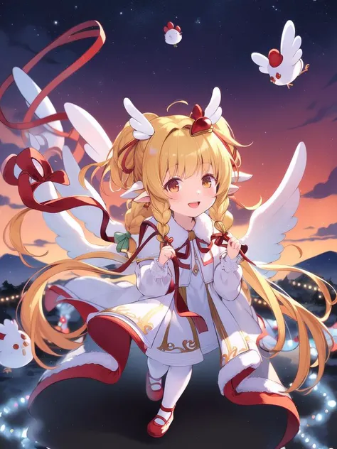 <lora:Mahira:0.8>,Mahira, 1girl, blonde hair, harvin, long hair, looking at viewer, solo, open mouth, smile, bird, braid, blush, ribbon, bangs, wings, red footwear, pantyhose, dress, animal ears, hair ornament, :d, shoes, chicken, white dress, red ribbon, pointy ears, sunset, outdoor,
masterpiece, high quality, very_high_resolution, large_filesize, full color,