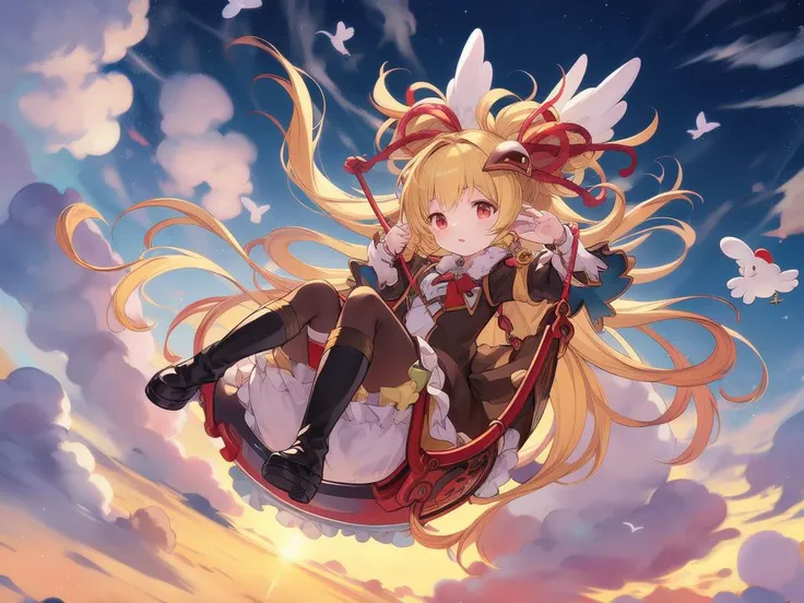 <lora:Mahira:0.8>,Mahira, 1girl, harvin, chicken, long hair, blonde hair, bird, red eyes, thighhighs, solo, hair ornament, flower, swing, boots, dress, very long hair, brown thighhighs, sky, cloud,
masterpiece, high quality, very_high_resolution, large_filesize, full color, outdoor, sunshine, cloud,